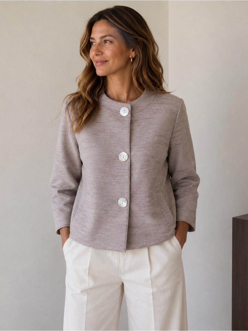 Lafayette 148 New York sz 8 petite beige career coat top with 3/4 sleeves